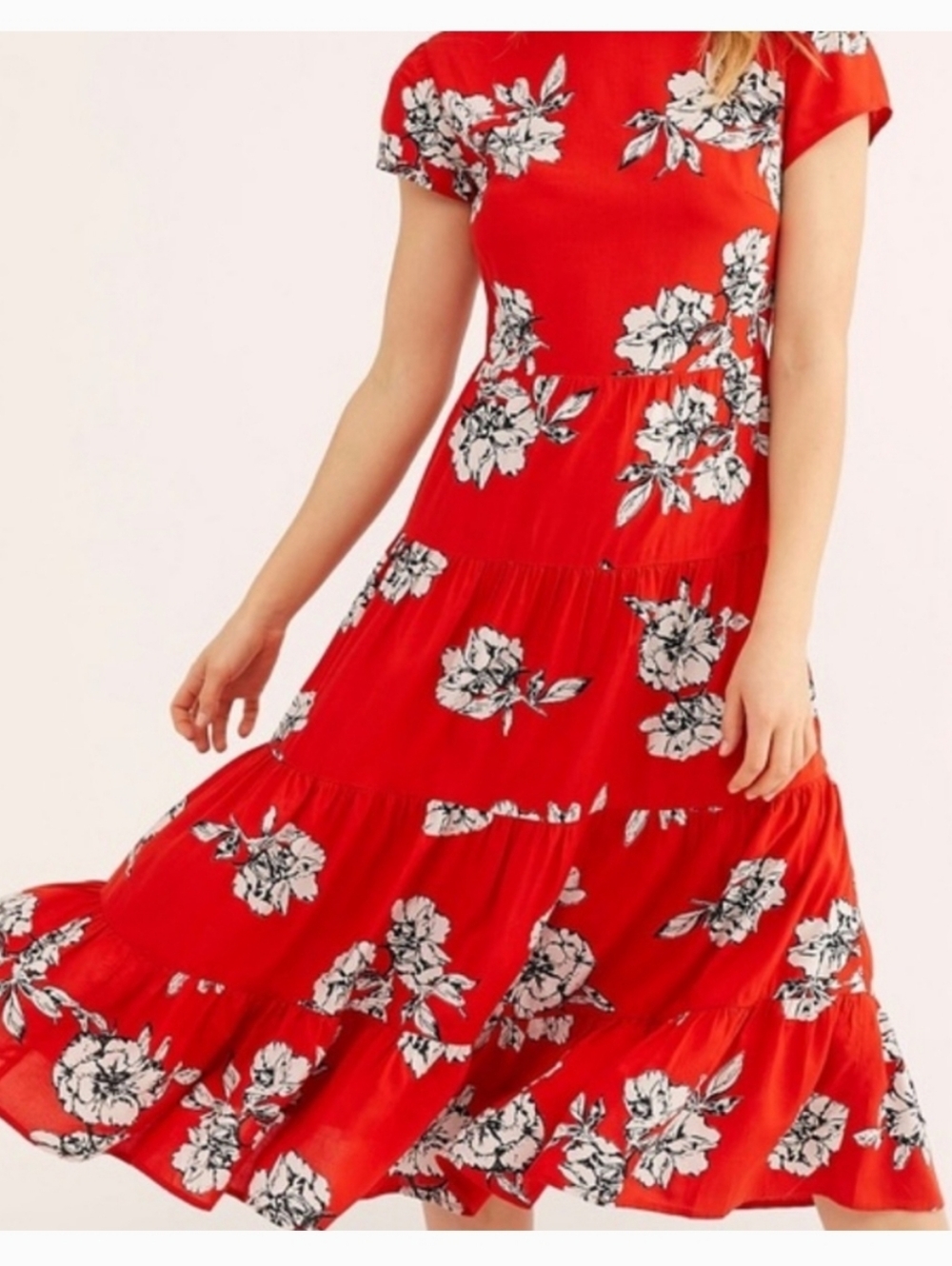 Free People Red Rita Tiered Midi or Maxi Dress w Pockets Open Back Women Small